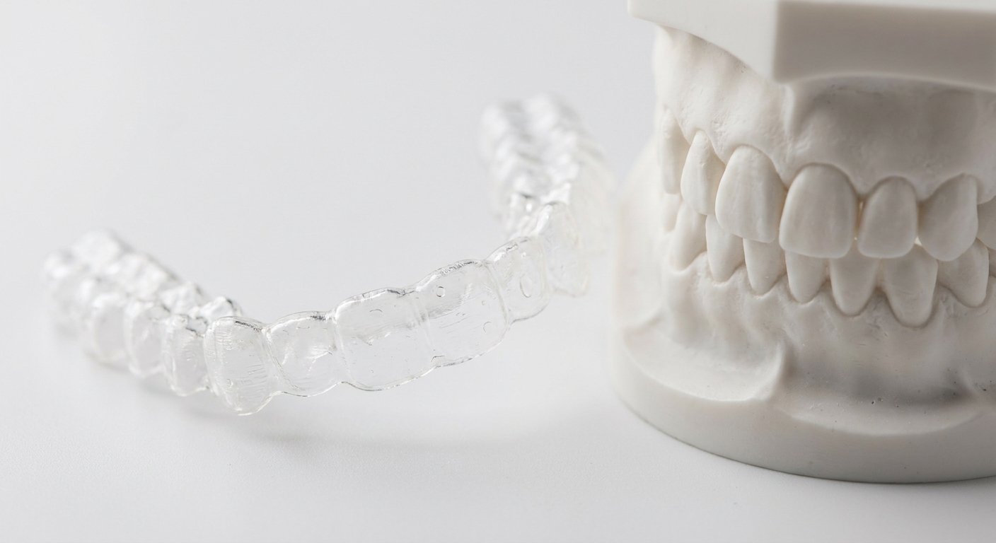 gouttière dentaire transparente posée sur une table à côté d'un modèle de dentition en résine blanche