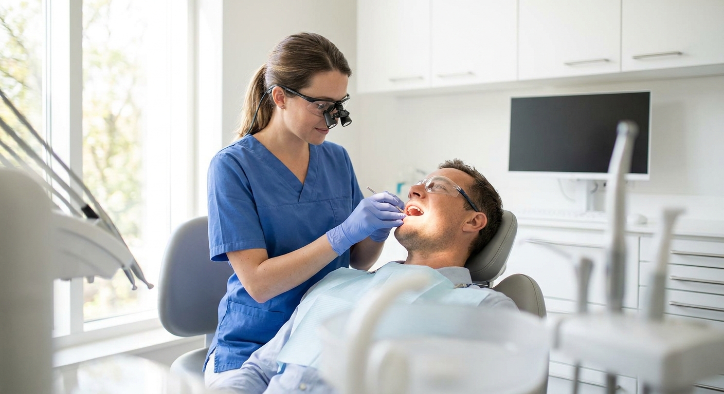 chirurgien-dentiste examinant la dentition d'un patient adulte assis dans un fauteuil de cabinet dentaire